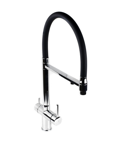 Смеситель Кухня SANTREK AQUA-1031 "PRESTIGE" (SAP-1031) шар. d-35 с гибким силиконовым изливом, с подключением фильтра питьевой воды (хром/черный)