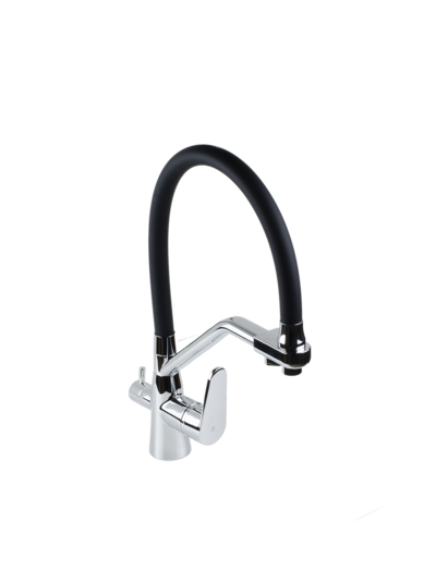 Смеситель Кухня SANTREK AQUA-1037 "PRESTIGE" (SAP-1037) шар. d-35 с гибким силиконовым изливом, с подключением фильтра питьевой воды (черный/хром)