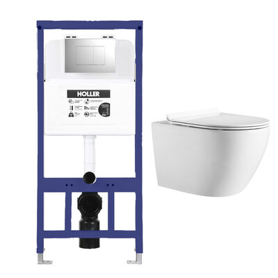 Инсталляция HOLLER MQ102 (комплект 3 в 1) + Унитаз подвесной безободковый HOLLER WALL,белый + Клавиша смыва HOLLER GPE, хром
