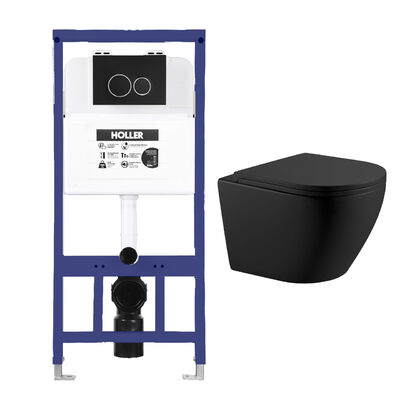 Инсталляция HOLLER MQ102 (комплект 3 в 1) + Унитаз подвесной безободковый HOLLER POINT MB, черный матовый + Клавиша смыва HOLLER MBRC, черный матовый