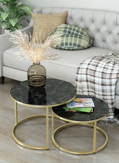 Журнальные столики SANTREK HOME «Дуэт» СТЕКЛО (комплект 2 шт.) Черный/Золото, 600*600*400 и 500*500*300