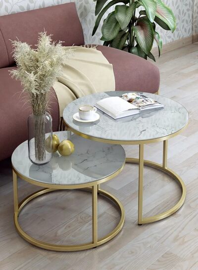 Журнальные столики SANTREK HOME «Дуэт» СТЕКЛО (комплект 2 шт.) Белый / Золото, 600*600*400 и 500*500*300