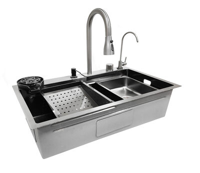 Мойка нерж врезная 800х450х220 т3,0 ГРАФИТ HB8045FB +6 (+ сифон) SANTREK AQUA + Подарок (Колландер, фруктов, доска, 2 смесителя, ополаск) АКЦИЯ !!!