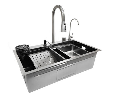 Мойка нерж ( 6 в 1) SANTREK AQUA 750х450х220 т 3,0 ГРАФИТ HB7545FB +6 (+ сифон) + Подарок (Колландер, фруктовница, доска, 2 смесителя, ополаскиватель)
