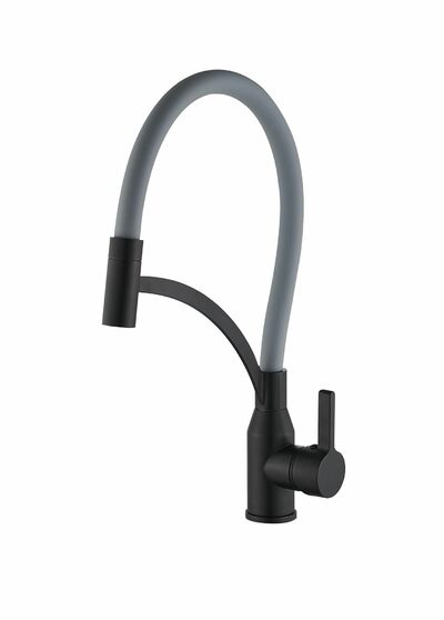FS8244H-04 Смеситель Кухня FMARK с гибким изливом (цвет излива серый) шар. d=35, на гайке, Чёрный, матовый
