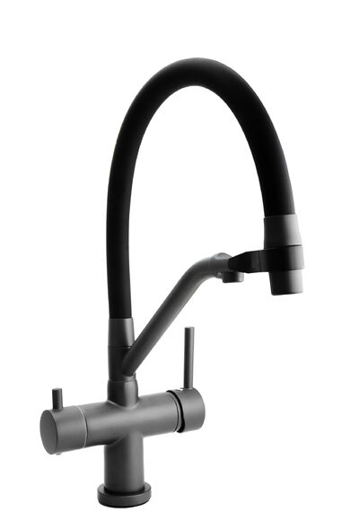 Смеситель Кухня SANTREK AQUA-1028 "PRESTIGE" (SAP-1028) шар.d-35 с гибким силикон. изливом,с фильтром питьевой воды (оруж сталь/черный), магнит держ