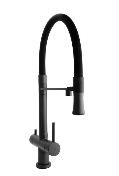 Смеситель Кухня SANTREK AQUA-1029 "PRESTIGE" (SAP-1029) шар.d-35 с гибким силикон. изливом,с фильтром питьевой воды (оруж сталь/черный), магнит держ