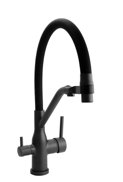 Смеситель Кухня SANTREK AQUA-1027 "PRESTIGE" (SAP-1027) шар.d-35 с гибким силикон. изливом,с фильтром питьевой воды (оруж сталь/черный), магнит держ