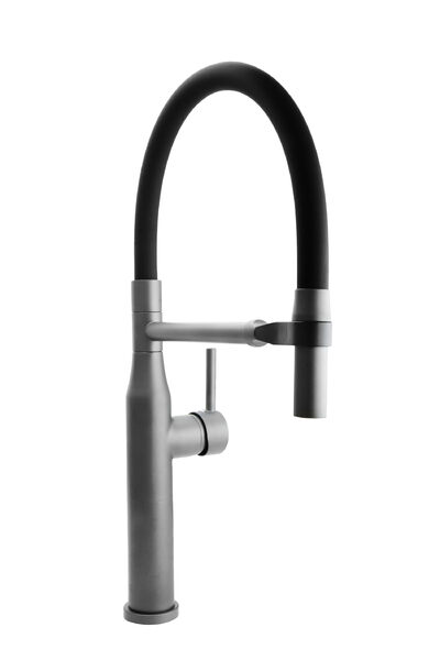 Смеситель Кухня SANTREK AQUA-1023 "PRESTIGE" (SAP-1023) шар. d-35 с гибким силиконовым изливом (оружейная сталь/черн), магнитный держатель