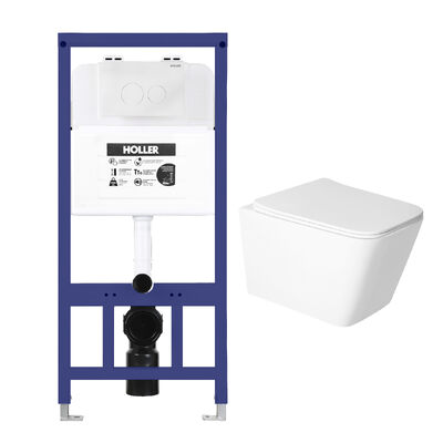 Инсталляция HOLLER MQ102 (комплект 3 в 1) + Унитаз подвесной безободковый HOLLER BLOCK-T, белый + Клавиша смыва HOLLER MWR, белый