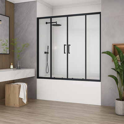 Шторка для ванны SANTREK AQUA Slim DF-1600-C-Matt Black (раздвижная, р-р:1600*1400, стекло Прозр 5мм, профиль Чёрный) 2 МЕСТА