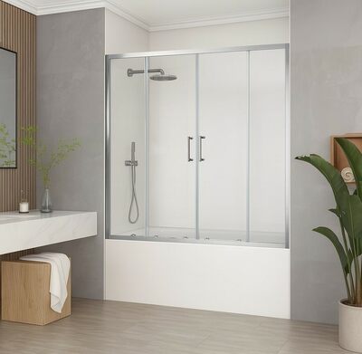 Шторка для ванны SANTREK AQUA Slim DF-1700-C-Chrome (раздвижная, р-р:1700*1400 стекло Прозр 5 мм, профиль Хром) 2 МЕСТА