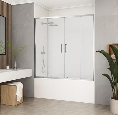 Шторка для ванны SANTREK AQUA Slim DF-1600-G-Chrome (раздвижная, р-р:1600*1400 стекло Грейп 5 мм, профиль Хром) 2 МЕСТА