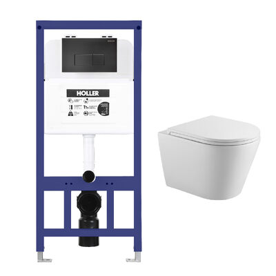 Инсталляция HOLLER MQ102 (комплект 3 в 1) + Унитаз подвесной безободковый HOLLER SHELL, белый + Клавиша смыва HOLLER MBV, черн матовый