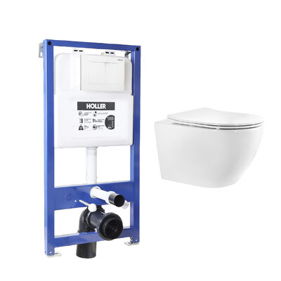 Инсталляция HOLLER MQ100 (комплект 3 в 1) + Унитаз подвесной безободковый HOLLER WALL T , белый + Клавиша смыва HOLLER MWE, белый