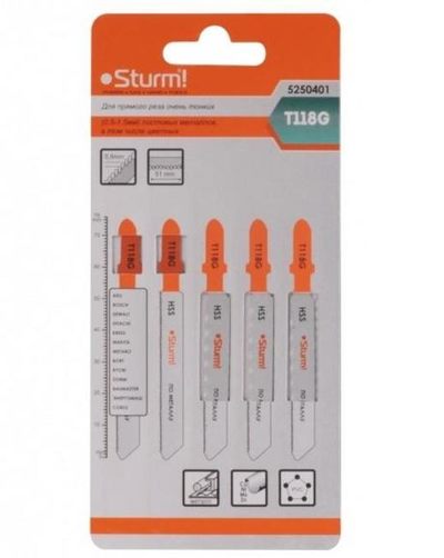5250401 Пилки для лобзика Sturm! по металлу T118G 5шт, для тонких цветных металлов