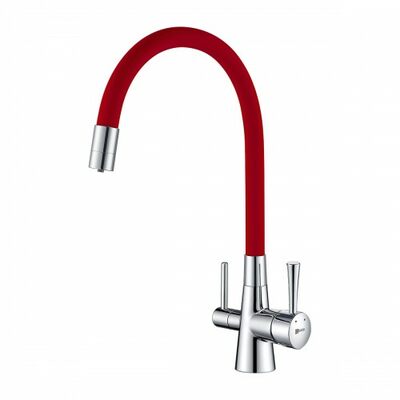LM3075C-Red Comfort Смеситель для кухни, с гибким изливом, с подключением к фильтру питьевой воды, хром/красный LEMARK