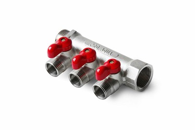 Коллектор латунный с шаровыми кранами 4 выхода, 3/4 х 1/2 V100.04-m20-f20 PRO AQUA