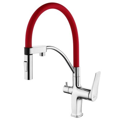 LM3074C-Red Comfort Смеситель для кухни, с гибким изливом, с подключением к фильтру питьевой воды, хром/красный LEMARK