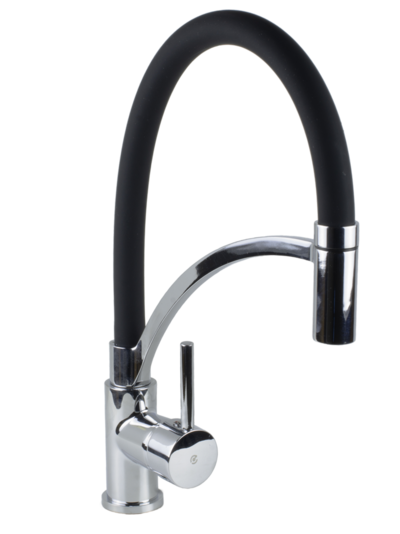 Смеситель Кухня SANTREK AQUA-1030 "PRESTIGE" (SAP-1030) шар. d-35 с гибким силиконовым изливом, Черный/Хром